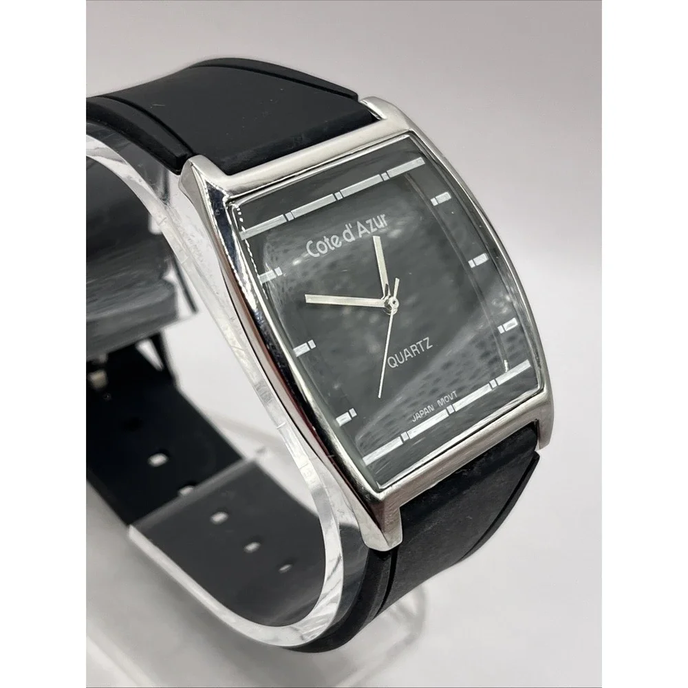Côte d'Azur Men's Quartz Watch Black Resin Band Silver 38mm Case- New Battery‎